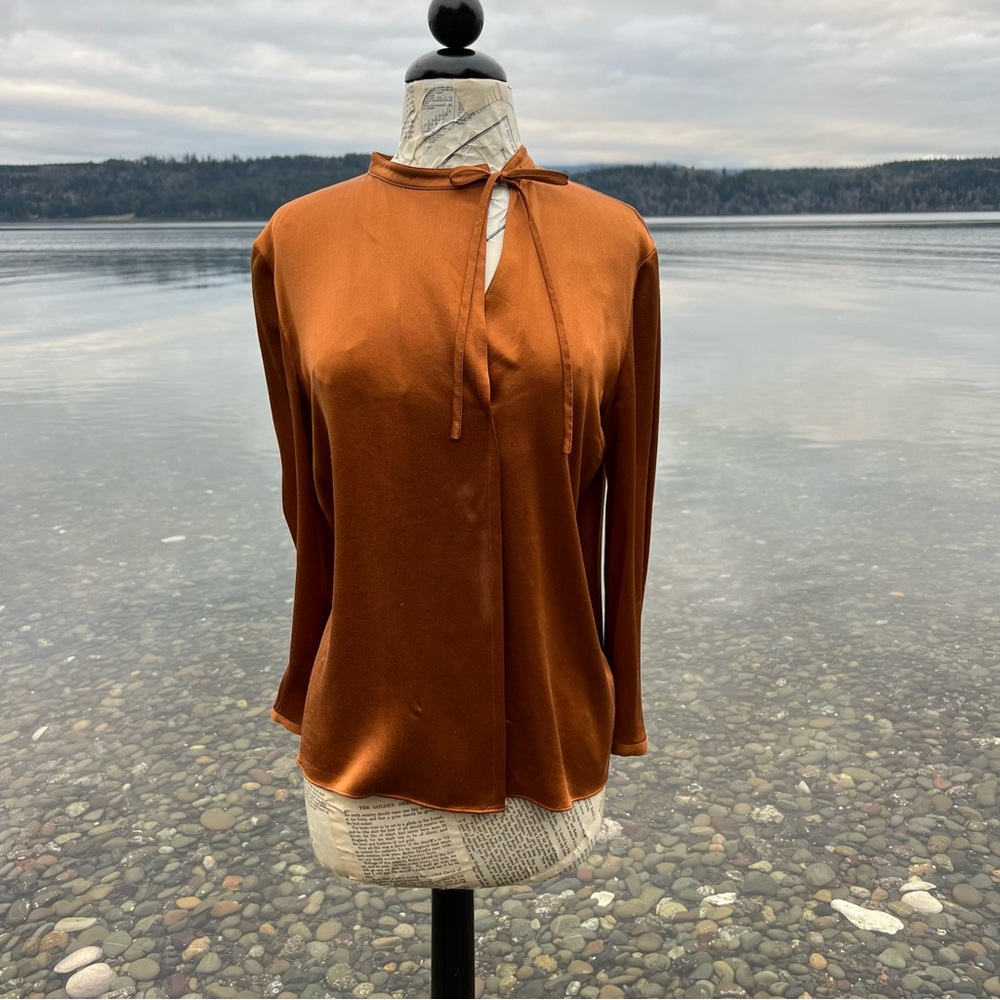 Copper Silk Asymmetrical Tie Neck Popover Blouse